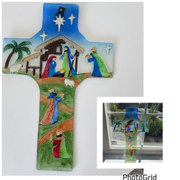 Vtg Stained Glass Crucifix with Nativity Scene Fused Glass Folk Art Handmade - Picture 1 of 6